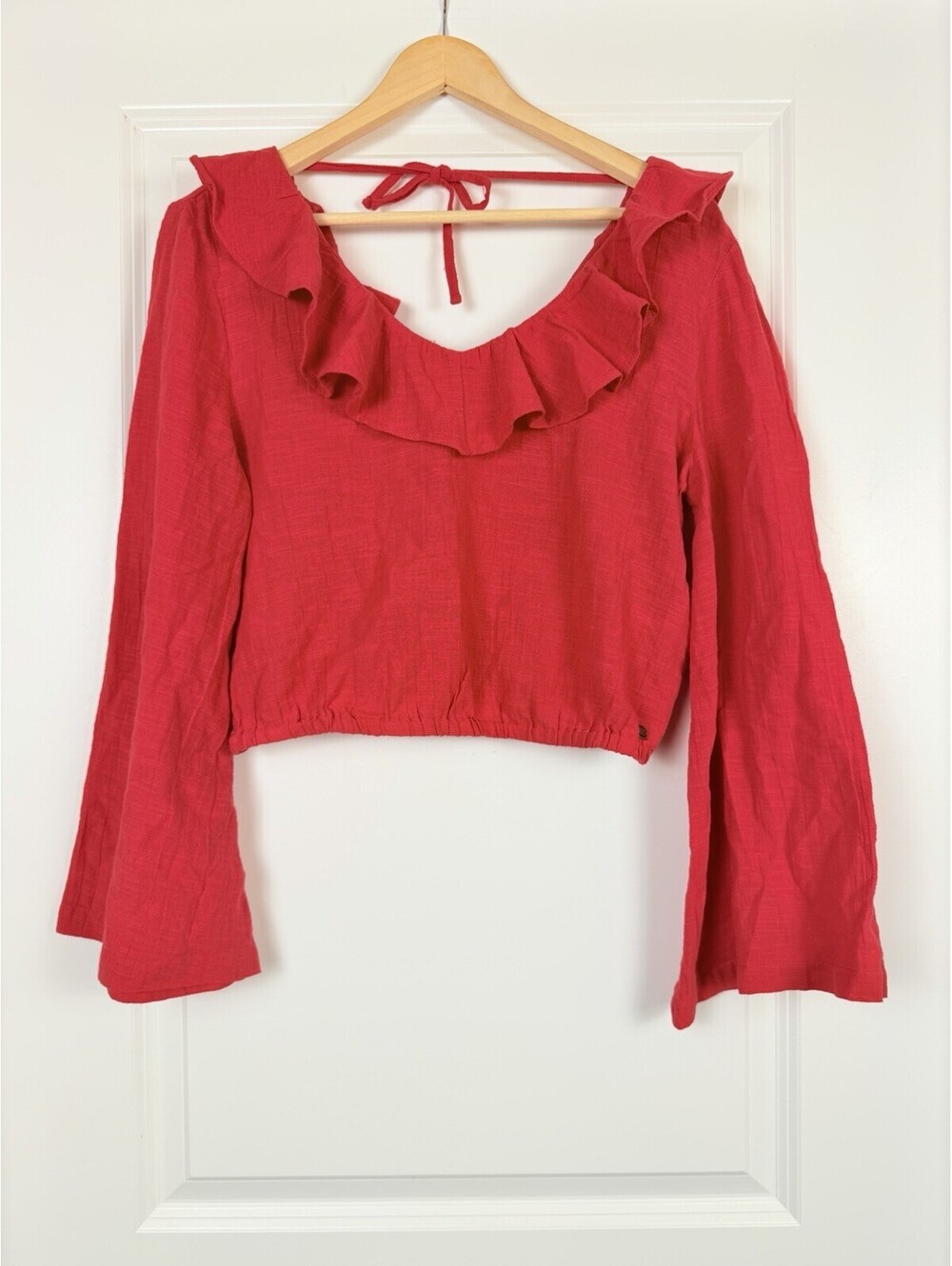 Roxy Red Ruffle V-Neck Bell Sleeve Crop Top Size M Boho Festival Romantic